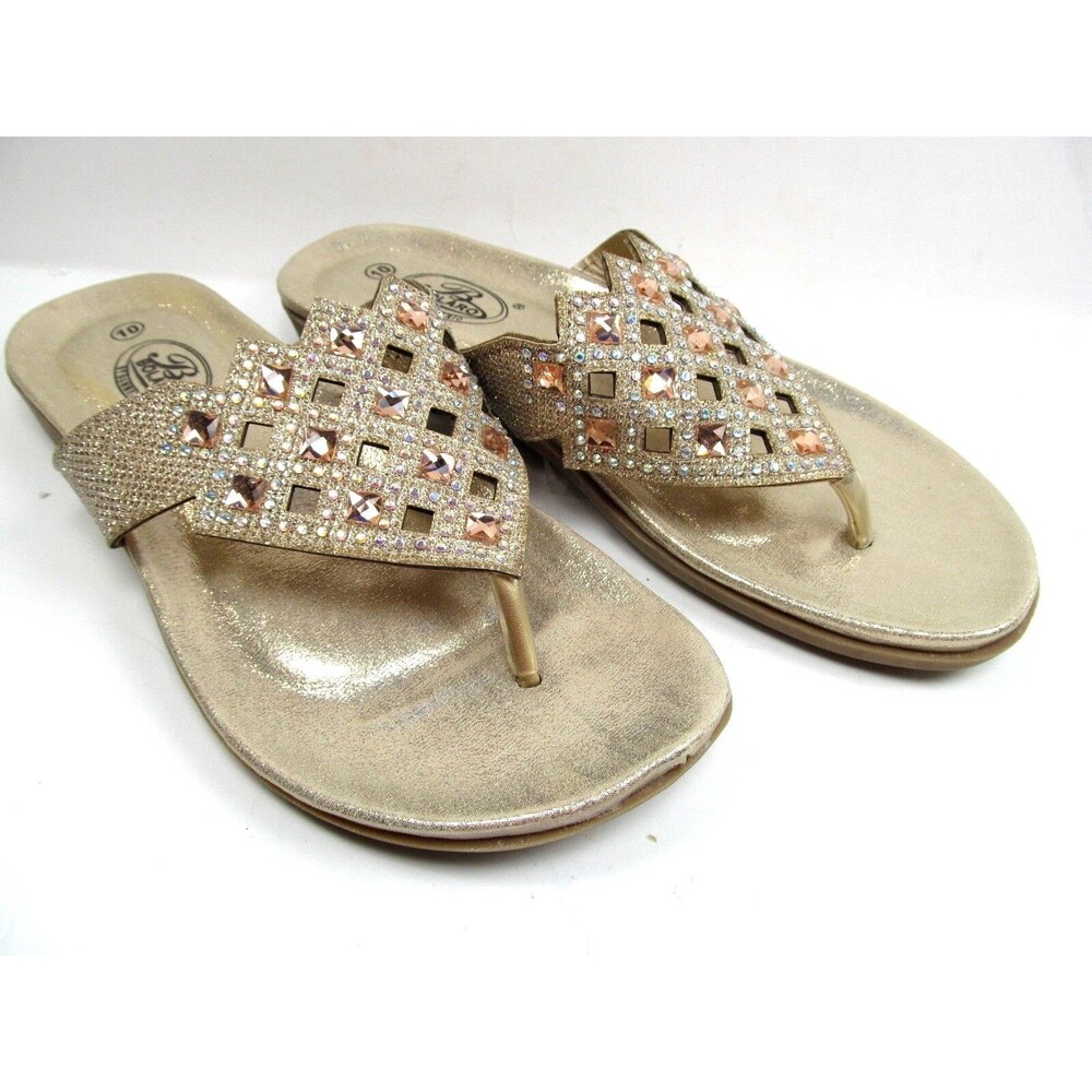 Bolaro By Summer Rio Rhinestone Sparkle Gold Thong Flip Flops Size 10 Wms Shoes